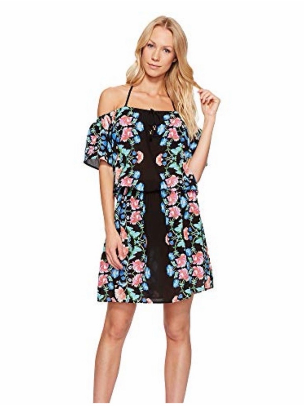 Nanette Lepore Black Dress with Pink Trim & Blue Floral Print